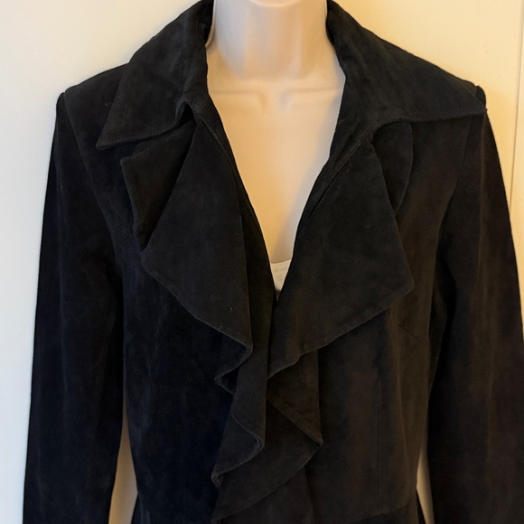 Vintage Margaret Godfrey Black Suede Ruffle Front Coat 6 - Picture 4 of 11